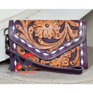 Mini Cartera de Cuero Floral Hecha a Mano, Cartera de Cuero Vacuno Genuino, Tarjetero Estilo Western, Monedero de Viaje con Protección RFID para Mujer - Product Image 1
