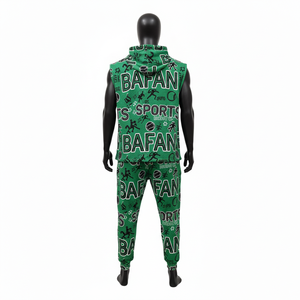 เสื้อกีฬาแขนกุดและกางเกงขายาวสำหรับผู้ชาย พรีเมียม 240 GSM ผ้าฝ้ายผสมโพลีเอสเตอร์ สีเขียว พิมพ์ลายกราฟิก พร้อมโลโก้สั่งทำ ชุด 2 ชิ้น - Product Image 2