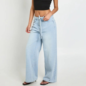 Pantalones vaqueros de verano al por mayor, de cintura alta, azul claro, de pierna ancha con cordón, ajuste holgado, largo completo, talla grande, informales para mujer - Product Image 1