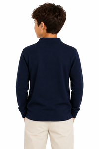 Polo pour enfants bleu marine à manches longues, haut décontracté de qualité supérieure en mélange de coton, design élégant à col, doux et confortable - Product Image 2