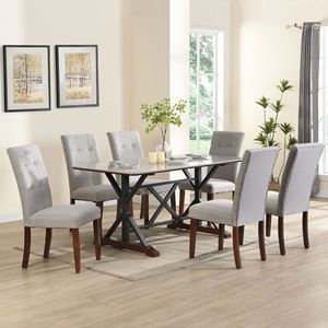 Set da Pranzo Moderno 7 Pezzi: Tavolo Rettangolare in Pietra Sinterizzata Grigia da 63 Pollici con 6 Sedie Imbottite Trapuntate - Product Image 1