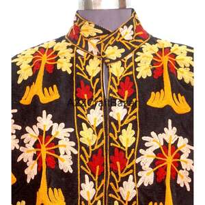 Chaqueta Acolchada Ecológica con Bordado Floral, Cuello Mandarín, Botones, Forro de Algodón a Rayas, Hecha a Mano, para Invierno, Otoño y Primavera - Product Image 3