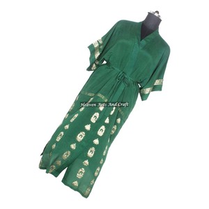 KL011 Vintage Blended Poly Silk Sari Kimono Long <b>Robe</b> Double Pocket Nightgown <b>Women</b> Summer Winter Quick <b>Dry</b> - Product Image 1