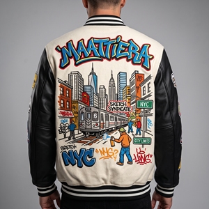 <b>Men</b> Cream Black <b>Leather</b> Sleeve Jacket Custom Urban Graffiti Graphic Streetwear Snap Button <b>Bomber</b> Jacket Premium - Product Image 2