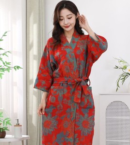 Bata de algodón con estampado floral para mujer, cuello en V, manga tres cuartos, longitud completa, suave, informal, para dormir o como albornoz - Product Image 1