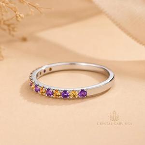 Natural Amethyst Citrine Half Eternity <b>Band</b> <b>Sterling</b> <b>Silver</b> Rhodium Plated Luxury Women's Purple Yellow Gemstone Stacking <b>Ring</b> - Product Image 4