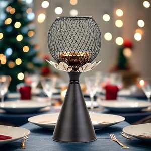<b>Black</b> Metal Cone Base <b>Pillar</b> <b>Candle</b> <b>Holder</b> Featuring A Mesh Globe Top And Floral Accent Collar For Elegant Home Decoration - Product Image 5