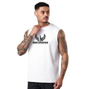 Mens White Sleeveless Jersey Gym Tank Top O-Neck Cotton Printed Logo Athletic Workout Shirt Fitness Training Sportswear Apparel - Product Image 1