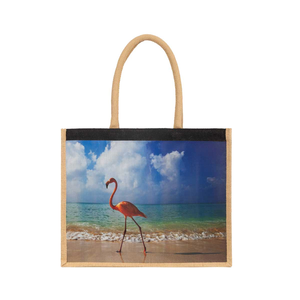 Jute Shopping <b>Bag</b> With Flamingo Beach Print <b>Large</b> Size Top Handle Reusable Tote For Beach Use - Product Image 2