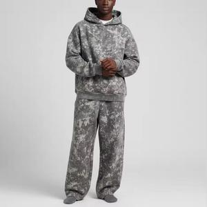 Custom Men's 430gsm 100% Cotton Oversized Hoodie Sweatpants Set Boxy Vintage Acid Wash with 3D Pattern Rhinestone Tracksuit - Product Image 4