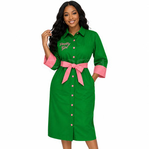 Cosh International Sorority Sisterhood Green <b>Three</b> Quarter Sleeve Shirt Dress With Pink Belt And Embroidered Logo Fitted Dress - Product Image 1