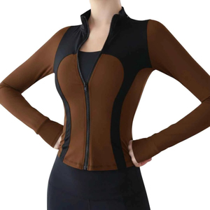 Veste de yoga zippée pour femme, color block, manches longues, extensible, avec bordures contrastées, en spandex et polyester, haut de sport, veste de fitness - Product Image 1