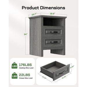 Table de chevet de style farmhouse avec station de charge, 2 tiroirs et étagère ouverte, dotée des fonctionnalités de table de chevet - Product Image 3