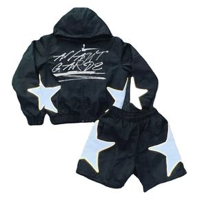 2024 hommes ensembles deux pièces personnalisé coupe-vent sport short et veste survêtement réfléchissant zip up sweat à capuche survêtement nylon ensemble court - Product Image 1