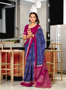 Sari en coton pur tissé à la main avec impression bloquée - Product Image 5