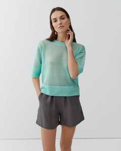 เสื้อไหมพรมสีเขียวมิ้นท์สำหรับผู้หญิง แขน 3/4 คอกลม สไตล์ลำลอง เสื้อคลุมฤดูร้อน น้ำหนักเบา ระบายอากาศได้ดี ผ้าลินิน แขนเสื้อลายดอกไม้ - Product Image 6