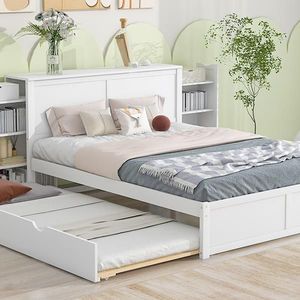 Queen Size Storage Platform Bed with White Pull-Out Shelves & Twin XL Trundle Up-Holstered Furniture - Product Image 4