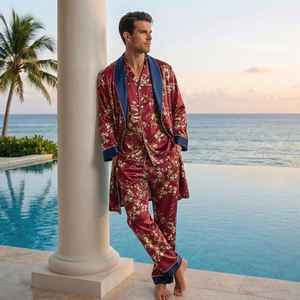 Bata de Baño Floral Roja para Hombre, Conjunto de Salón de Seda Mítica, Bata Kimono de Lujo Estilo Resort, Ligera y Cómoda para el Hogar - Product Image 1