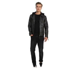 Blouson de motard en cuir noir personnalisé avec capuche en tissu amovible, poches zippées sur le devant, fournisseur en gros de vêtements de moto aux États-Unis - Product Image 4
