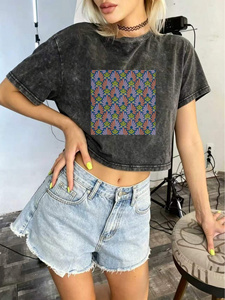 Women's Crop <b>Top</b> T-Shirt Crew Neck Short Sleeve <b>Patchwork</b> Print Casual Summer Style 100% Cotton Jersey Breathable Fit - Product Image 2