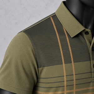 Men's Olive Green Short Sleeve <b>Polo</b> <b>Shirt</b> With <b>Striped</b> Pattern And Chest Pocket Casual Woven Design - Product Image 6