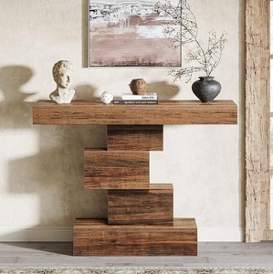 Mesa Consola Moderna de Madera Maciza con Base de Pedestal, Diseño Rústico, Mueble para Entrada o Sala de Estar - Product Image 2