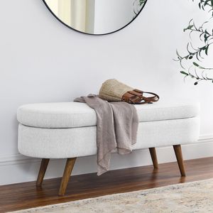 Panca Contenitore Ovale Bianca in Stile Ottomano con Gambe in Legno di Gomma 43.5"x16"x16" per Arredamento Soggiorno - Product Image 1