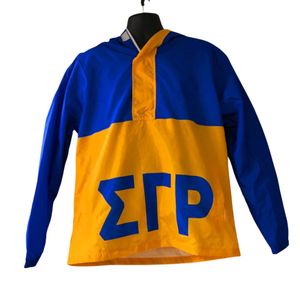 เสื้อแจ็คเก็ตมีฮู้ดแบบสวมหัว Custom SGR Windbreaker Sigma Gamma Rho สีน้ำเงินทอง สำหรับชมรมพี่น้องชาวกรีก เสื้อผ้ากีฬากลางแจ้งแบบลำลองน้ำหนักเบา - Product Image 1