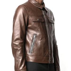 Chaqueta de Cuero Genuino Vintage Marrón para Hombre, Cuello Camisero, Botones, Cierre de Cremallera, Bolsillos Delanteros - Product Image 2