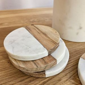 Posavasos de mármol natural con madera de acacia, tapetes protectores de mesa hechos a mano de primera calidad para café, té, vino y whisky. - Product Image 3