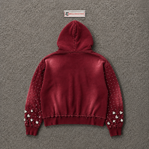 Sudadera con capucha con cremallera, oversize, color granate, con pedrería y cristales, estilo streetwear, con efecto desgastado y lavado vintage, de forro polar, en oferta - Product Image 6