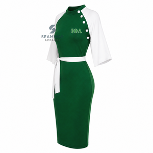 Iota Phi Lambda Women's Green And <b>White</b> Contrast Color Block Bodycon Midi Dress <b>Cape</b> Sleeve Button Detail Waist Tie Fitted Dress - Product Image 3