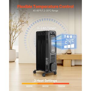 1500W Electric Oil-Filled <b>Radiator</b> LED <b>Screen</b> Space Heater with Over-Heat Protections 24h Timer Portable Cast Handle Home Heater - Product Image 3