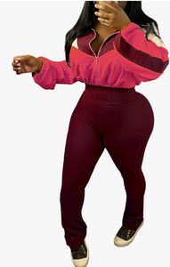 Womens Pink Color Block 2 Piece Sporty Tracksuit <b>Set</b> Full Sleeve Zipper Crop Top With High Waist Leggings Spring Summer Wear - Product Image 3
