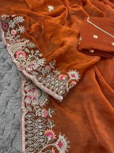 Sari Premium Reglance Designer Fendy en satin brodé avec cordonnet de sequins et bordure à la main, infroissable et à séchage rapide - Product Image 2