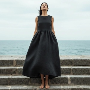 Robe midi sans manches à col en V et manches cloche, taille haute froncée, grande taille, en coton biologique, pour femme, idéale pour l'été et le quotidien - Product Image 3