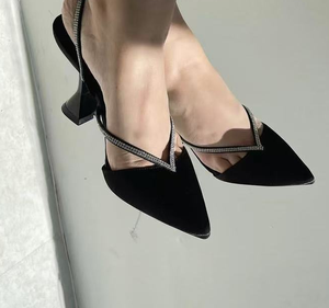 2025 Primavera Tendencia Slingbacks | Tacón acampanado de 9cm | Correas de piedra | Caja de punta de satén transpirable - Product Image 1