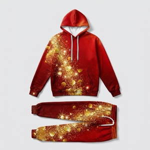 Women Winter Hooded Tracksuit <b>Red</b> Gold Print Full Length Casual Sublimation Polyester Pants Set With Side Pockets Drawstring - Product Image 4