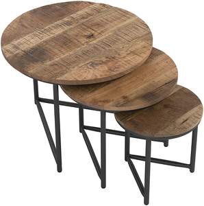 Ensemble de 3 tables basses rondes en bois de manguier massif, finition grain naturel, base en métal noir, très demandées - Product Image 1