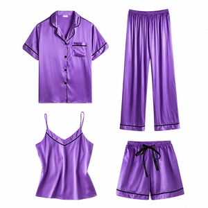 Ensemble de pyjama pour femmes, 4 pièces, taille élastique, respirant, manches courtes, vêtements de nuit classiques, pantalon long, été, printemps, très populaire - Product Image 3