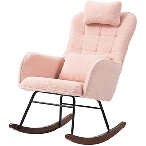Sedia a dondolo vivaio con schienale alto e poggiatesta cuscino in legno rosa sedia da allattamento per soggiorno camera da letto - Product Image 1