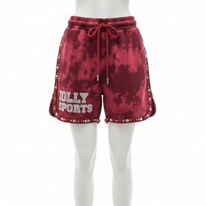 Shorts Premium para Mujer con Lavado Ácido, 280 GSM, Felpa de Algodón Suave, Color Borgoña, Panel Curvo, Logotipo con Pedrería Termoadhesiva - Product Image 1