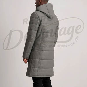 Abrigo Largo Acolchado de Cuero Gris para Hombre con Capucha Desmontable, Chaqueta de Invierno Acolchada Cálida hasta la Rodilla, Parka Cortavientos - Product Image 3