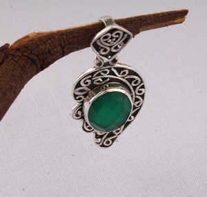 Pendentif en onyx vert naturel, bijoux en argent sterling 925, style vintage, pendentif ovale en pierre précieuse verte, finition antique, collier pour elle - Product Image 6