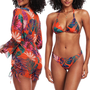 Ensemble bikini imprimé taille haute pour femme, haut triangle et bas de maillot, 2 pièces, avec logo frontal, en Spandex et Polyester, tenue de plage - Product Image 3