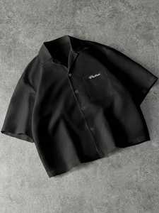 Pautros Men's Black Oversized Short Sleeve Shirt With Embroidered Pocket Turn-down Collar Casual Summer Style - Product Image 1