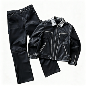 Conjunto de Chaqueta de Cuero con Cierre y Pantalones Acampanados de PU para Hombre, con Logotipo Personalizado, Estilo Casual Otoñal, con Serigrafía y Bordado - Product Image 1