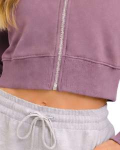 Sudadera con capucha corta para mujer, color morado polvoriento, de algodón y forro polar, corte ajustado, estilo casual, ligera, para mujer - Product Image 6
