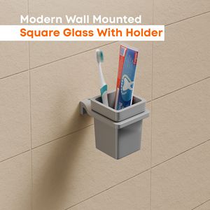Porte-gobelet à brosse à dents en verre carré poli avec support mural en métal pour accessoires de salle de bain, ensemble de gobelets en verre antirouille - Product Image 2