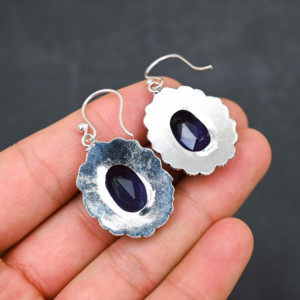 Boucles d'oreilles personnalisées en Tanzanite bleue créée en laboratoire, en argent sterling 925, 1,9 pouce, bijoux faits à la main, pierres précieuses, boucles d'oreilles fines antiques, cadeau - Product Image 3